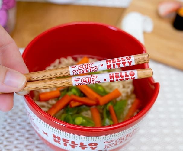 Silver Buffalo Sanrio Hello Kitty x Nissin Cup Noodles Red Ceramic Dinnerware Set | Includes Ramen Noodle Bowl and Wooden Chopsticks thumbnail 4