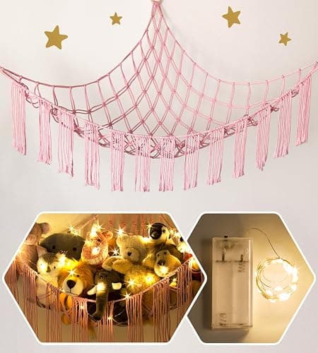Stuffed Animal Hammock Corner Net with LED Light - Toy Storage Holder - Pink Cute Room Bedroom Decor for Teen Girls - Cute Bedroom Aesthetic Stuff for Baby Nursery Toddler Kids 8-10 - 12 Years Old - Image 1