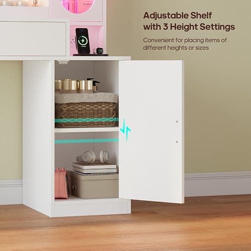 BTHFST Makeup Vanity Desk with Large 31.5" Mirror and Lights, 46.1" Vanity with RGB Lights & Charging Station, Vanity Table with 6 Drawers & Cabinet & Shelves, White thumbnail 7