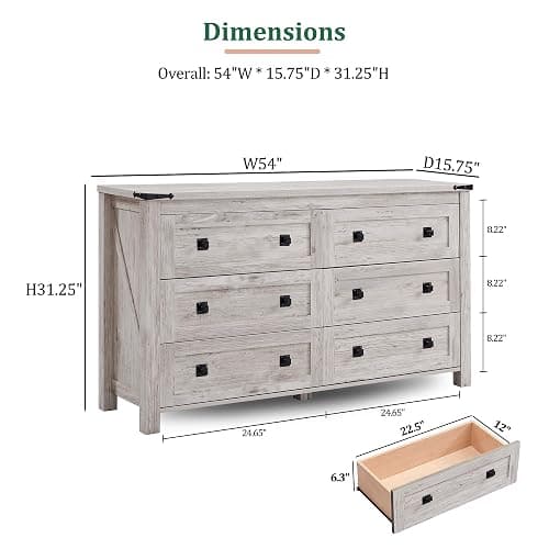 RedLemon Farmhouse 54" 6-Drawer Dresser for Bedroom, Antique Brush White | Rustic, Wood Storage Cabinet, Metal Handle, Unique Corner Accent, Bedroom, Living Room, Hallway thumbnail 2