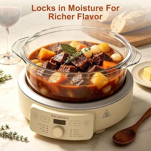 MAGNIFIQUE Slow Cooker, 4.5 Quart 8-in-1 Glass Pot Multi-Cooker, Non-Toxic Slow Cooker with Removable Borosilicate Glass Pot, for Rice, Pasta, Steam & Proof, Oatmeal thumbnail 5