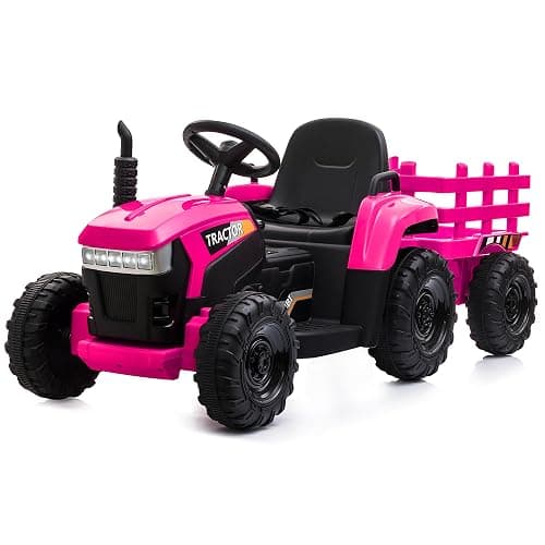 TOBBI Kids Electric Ride On Toy Tractor, Toddlers 12V Battery-Powered Car to Drive, 35W Dual Motor 6-Wheels Trailer Vehicle with 3-Speeds/LED & Horn Functions for Chirdren Aged 3-8-Pink - Image 1