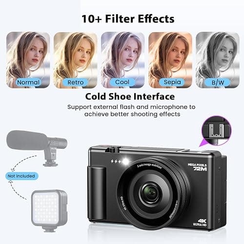 4K Digital Cameras for Photography, Compact Vlogging Camera with Flip Screen, 18X Digital Zoom YouTube Camera, Ideal for Bignners Boys Girls Black thumbnail 7
