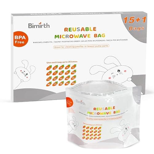 Bimirth Microwave Steriliser Bags, Pack of 16 Reusable, Only 3 Minutes, Cleaning Baby Bottles, Pacifier, Teethers & Training Cup, Breast Pump Parts or Accessories, 20 Uses Per Bag, Chemical Free - Image 1