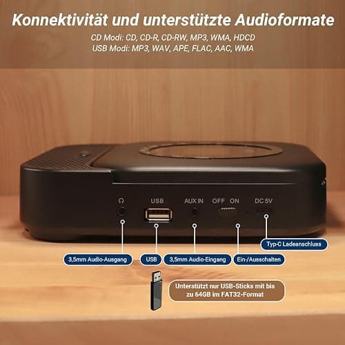 August SE15 Wiederaufladbarer tragbarer Bluetooth CD Player mit Kopfhörer | CD Spieler mit 3,5mm Audio-Ein/Aus/Überspringschutz/Wiederholungsmodus, Wandhalterung&Fernbedienung, für Zuhause/Auto-Schwarz thumbnail 5