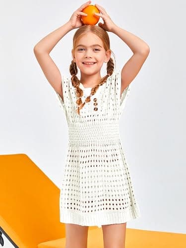 Haloumoning Girls Crochet Swim Beach Cover Up Kids Fashion Button Short Sleeve Swimsuits Cover Ups 5-14 Years thumbnail 2