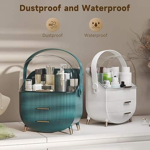 BTGGG Makeup Organizers, Make Up Organizer for Vanity, Countertop Cosmetic Storage with Drawers and Transparent Cover for Bedroom Bathroom, White thumbnail 5
