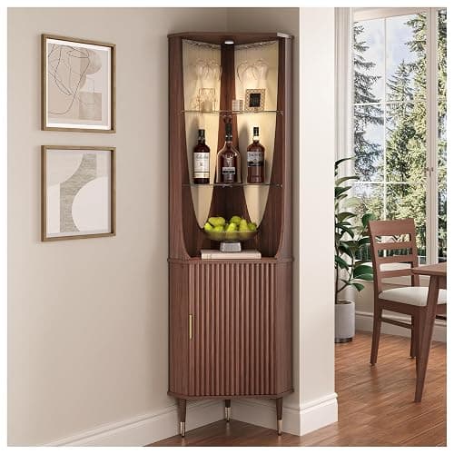 70" Tall Corner Cabinet, Mid Century Modern Cabinet with Doors, Fluted Corner Bar Cabinet with Glass Holder, Lights and Storage Shelves, Wine Bar Cabinet for Liquor, Living Room, Kitchen, Walnut thumbnail 5