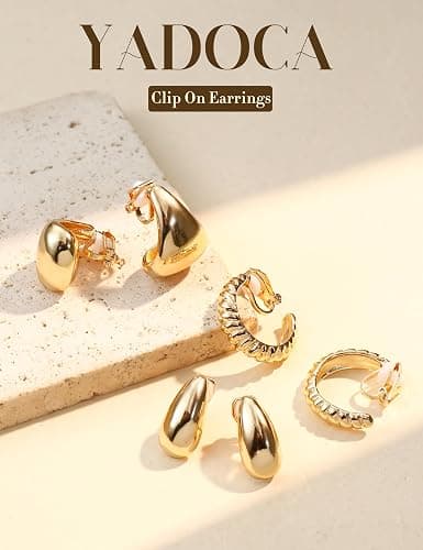YADOCA 9 Pairs Gold Clip on Earrings for Women 14K Gold Plated Waterdrop Chunky Clip on Hoop Earrings No Piercing Fake Earrings Set thumbnail 2