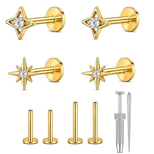 VerveVanguard 2 Star Styles & 3 Post Lengths, 14K Gold Filled Flat Back Piercing Set, 4-Point & 8-Point CZ Studs, 18G 6mm 7mm 8mm Jewelry for Ear Nose Lip with Gripper Tool & Insertion Pin - Image 1