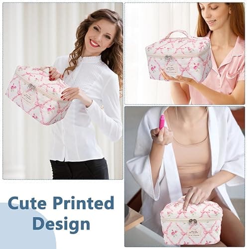 Large Makeup Bag, Cute Cosmetic Bag for Women Girls, Floral Coquette Aesthetic Toiletry Bag, Travel Make Up Organizer Bag (Pink Butterfly) thumbnail 4