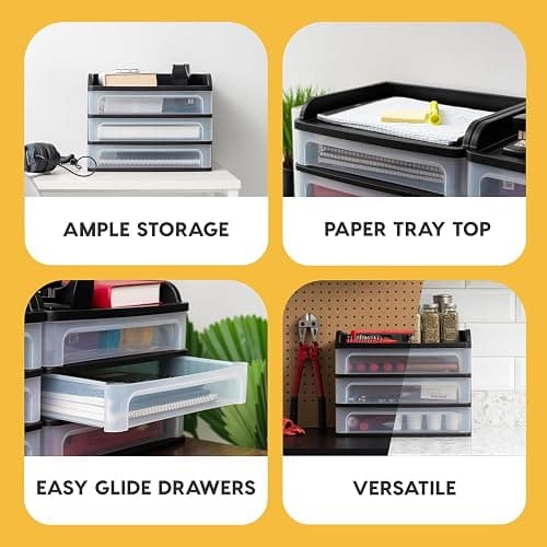 IRIS USA Plastic Desk Top 3-Drawer Storage Organizer with Paper Tray Top, 1-Pack, for Makeup Vanity Nail Polish Bathroom Stationery Art Craft Supplies Kitchen Office Garage Organization, Medium, Black thumbnail 4