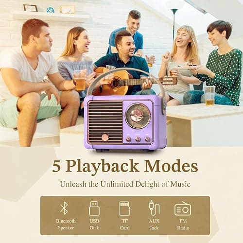 PRUNUS J-999 Retro Bluetooth Speaker,Vintage Decor Mini Wireless Speaker | Cute Old Fashion Style for Kitchen Desk Bedroom Office Party Outdoor Best Birthday Gifts Ideas for Women Teenage(Purple） thumbnail 4