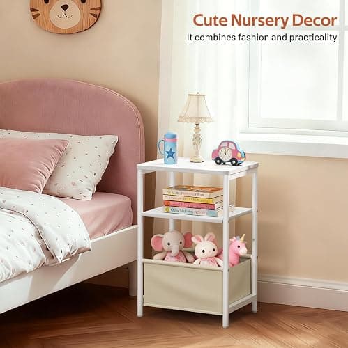 MISSLO Toddler Nightstand with Storage Basket Kids Night Stand with Large Tabletop Nursery Side Table for Living Room Easy Assembly Small End Tables for Small Spaces Toddler Bedroom Decor, White thumbnail 2