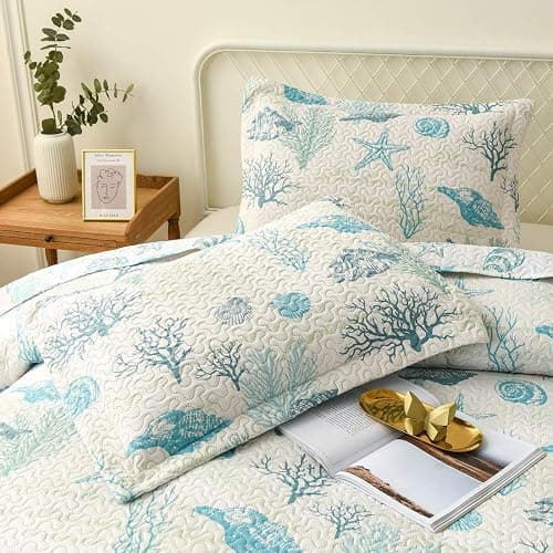 Oliven Reversible Coastal Beach Theme Quilt Set Queen/Full Size Ocean Coral Bedding Seaweed Bedspread Ocean Life Blue Green White Shell Starfish Coverlet Summer Lightweight Beach Daybed Sets thumbnail 4