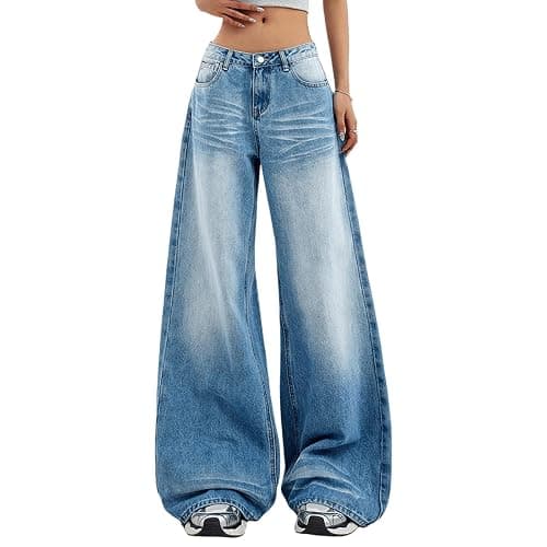 Women's Low Rise Wide Leg Flare Jeans Baggy Vintage 90s Bell Bottom Jeans Casual Loose Fit Boyfriend Denim Pants - Image 1