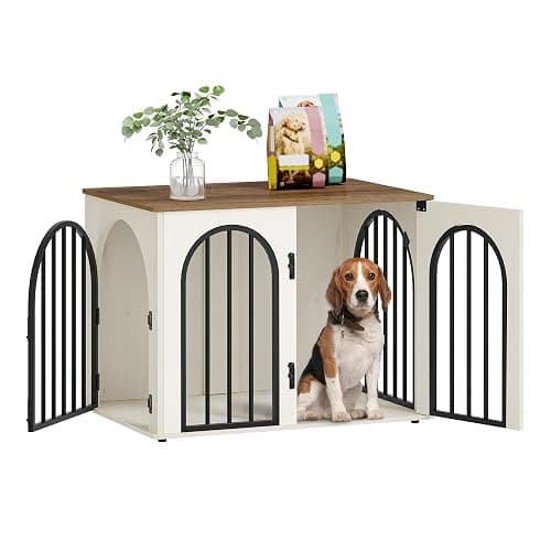Hzuaneri 31.5'' Wooden Dog Crate Furniture, Indoor Dog Kennel Dogs Cage for Small/Medium Dogs, Heavy Duty Dog Crates Decorative Pet House End Side Table TV Stand, White Brown DFC85114B - Image 1