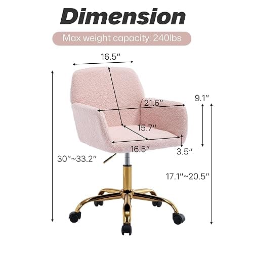 KCC Faux Fur Vanity Makeup Desk Chair, Comfy Fluffy Swivel Modern Leisure Armchair with Wheels, Upholstered Fuzzy Height Adjustable for Teens Women Girls Elegant Home Office, Pink thumbnail 3