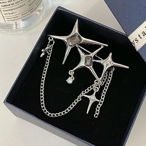 Punk Silver Star Moon Tassel Chain Brooch Collar Pins,Vintage Safety Cubic Zirconia Crystal Chain Tassel Brooch,Brooch Pins Shawl Clips for Women Girls thumbnail 7