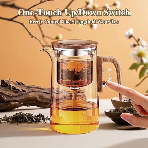 Enchanti Tea Pot, One Touch Glass Teapot with Infuser, Tea Maker for Loose Leaf Tea, Tea Gifts Set -27oz/800ml thumbnail 4