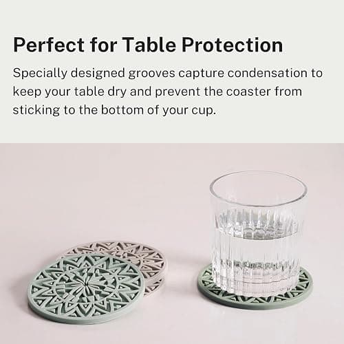 Hoomey Set of 6 Sage Green Silicone Coasters with Holder, Drink Coasters with Tribal Pattern Shape- for Table Protection, Anti Slip, Nonstick, Heat Resistant, Deep Tray thumbnail 2