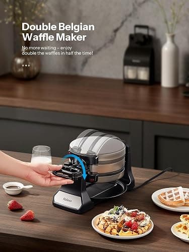 Belgian Waffle Maker, Classic Rotating Waffle Iron with Nonstick Plates, Removable Drip Tray and Cool Touch Handles, Double Flip Waffle, Rotating Belgium Waflera Maker by Yabano, Brushed Stainless thumbnail 3