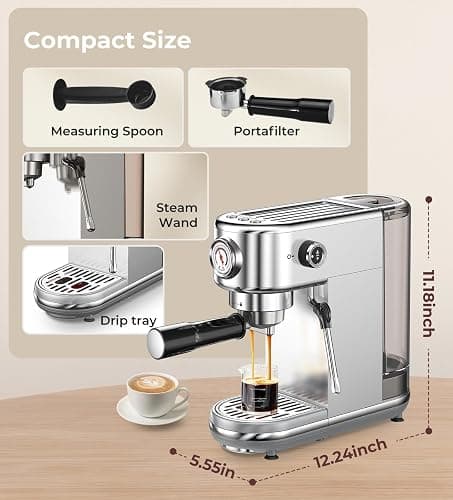 Espresso Machine with Milk Frother, 20 Bar High Pressure Professional Espresso Maker Automatic, Compact Stainless Steel Coffee Machine for Cappuccino, Latte, Gift for Coffee Lover, Dad or Mom, Silver thumbnail 2