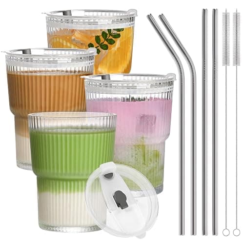 AUFXKOO 13oz Iced Coffee Cups,4Pcs Glass Cups with Lids and Straws Drinking Glasses,Clear Ribbed Glassware,Reusable Tumbler Glass to Go Cup for Matcha, Iced Tea,Juice - Image 1