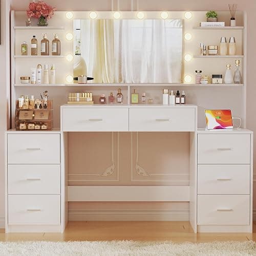 HUAHUU Large Vanity Desk with Mirror & Lights, White Makeup Vanity with 8 Drawers & 6 Storage Shelves, Vanity Set with LED Lights and Power Outlet, 3 Lighting Modes, Adjustable Brightness thumbnail 8