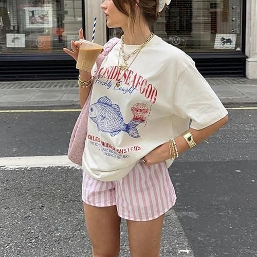 Women Cute Graphic Oversized Tees Fish Lobster Printed Y2K Baggy T Shirts Teen Girls Preppy Vintage Aesthetic Summer Tops thumbnail 2