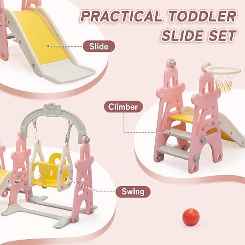 3-in-1 Kids Slide for Toddlers Slide and Swing Set,Indoor Playground for Children,Freestanding Outdoor Slides with Basketball Hoop,Outside Climber Playhouses,Baby Climbing Toys thumbnail 7