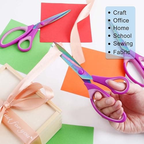 Zicolu 8.5" Scissors All Purpose, Multipurpose Office Scissors Set of 3 Pack, Titanium Coating Sharp Blade, Soft Comfort-Grip, Ideal for Fabric, School, Home, Craft & Sewing, Right/Left Handed, Purple thumbnail 4