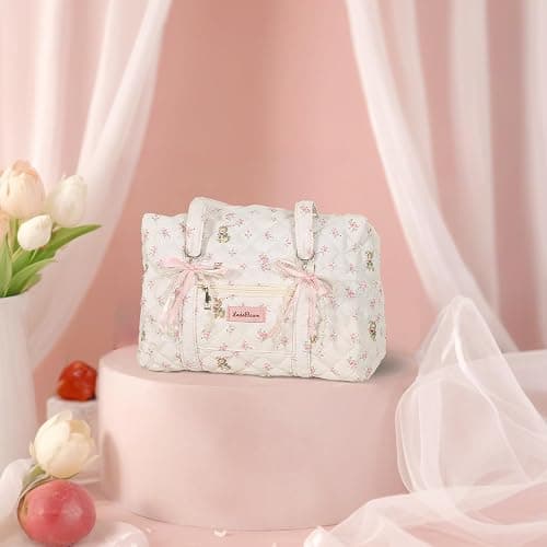 Coquette Tasche mit Schleife, Schlüsselanhänger, Weiß / Rosa, Blumenmuster, Reisetasche, für Damen, Sweetly Bunny Handtasche, niedlich, gesteppt, Puffertasche, Schultertasche, Handgepäcktasche für thumbnail 2