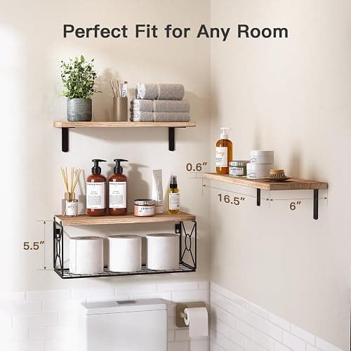 Amada Bathroom Shelves Over Toilet with Storage Basket, Floating Shelves Wall Shelves for Home Organization & Wall Decor, Bathroom/Kitchen/Living Room Shelves–Natural Wood - Natural Wood thumbnail 3