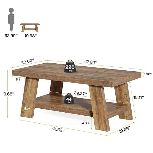 Tribesigns Farmhouse Coffee Tables for Living Room, 47.24" Rectangle Coffee Tables with Storage Shelves, Rustic Wooden Center Table for Apartment, Home Office (Rustic Brown) thumbnail 2