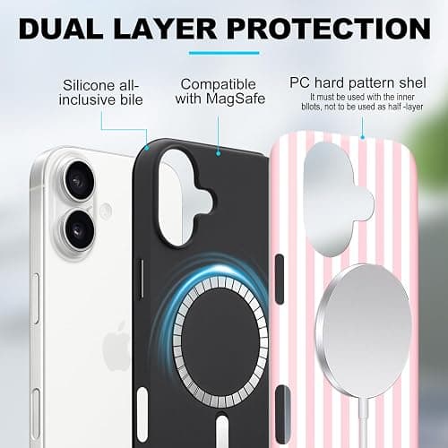 flewfun Magnetic for iPhone 16 Case Cute Stripes Phone Case, Shockproof Slim TPU and Hard PC Protective Phone Cover Compatible with MagSafe Designed for Women Girls, Pink and White thumbnail 3
