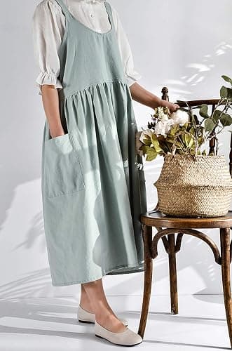 NEWGEM Cotton Linen Cross Back Apron for Women with Pockets for Cooking Gardening Turquoise without Waist Ties thumbnail 2