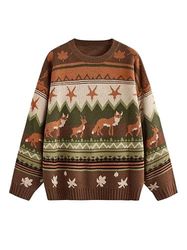 MakeMeChic Women's Winter Christmas Sweaters Grandpa Vintage Striped Oversized Long Sleeve Crew Neck Brown Knit Sweater - Image 1