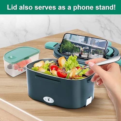 Gentre Lunch Box Elettrico Portatile Scaldavivande per Auto Camion e Ufficio 4 in 1 12V/24V/220V~240V 1.5L 60W Porta Pranzo in Acciaio Inox, Scomparti, Forchetta Cucchiaio e Borsa Per il Trasporto thumbnail 4