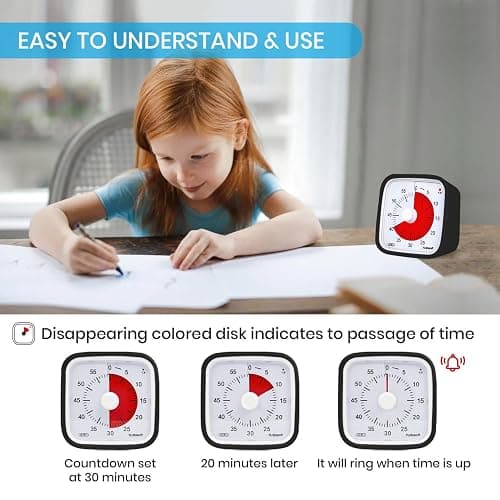 Visual Timer with Protective Case, Yunbaoit Upgraded 60-Minute Countdown Timer for Kids and Adults with Low Battery Remind, Silent Time Management Tool, No Ticking Optional Alert(Black) thumbnail 2