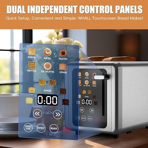 WHALL Touch Screen Toaster 2 Slice,Smart Digital Toaster with 1.5" Wide Slots,6 Shade Settings & 6 Bread Types,Memory Function,Countdown Timer,Brushed Stainless,Ideal Kitchen Gift & Essential thumbnail 3
