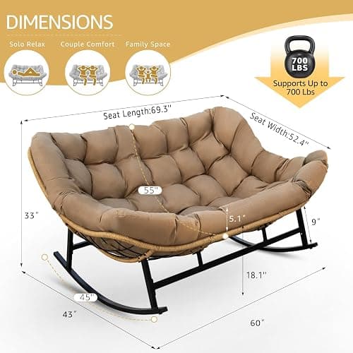 NICESOUL Double Large Papasan Chair Outdoor, Oversized 2 Person Egg Rocking Chair with Cushions, 700 lbs Heavy-Duty Wicker Loveseat Recliner Glider for Outdoor & Indoor Patio, Balcony & Garden, Brown thumbnail 2