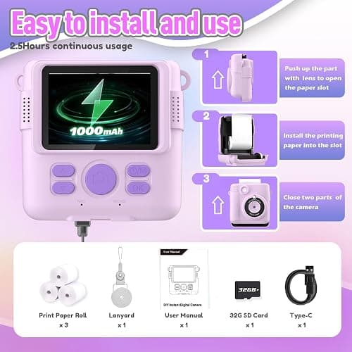 ESOXOFFORE Instant Print Camera for Kids, Christmas Birthday Gifts for Girls Boys, HD Digital Video Cameras for Toddler, Portable Toy for 4 5 6 7 8 9 10 Year Old Girl with 32GB SD Card-Purple - Purple thumbnail 6