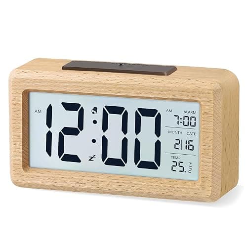 aboveClock Digital Alarm Clock, Wooden Bedside Clock with Large LCD Backlit Display, Temperature, Snooze Function, Brightness Sensor, 3 AAA Battery Operated【Battery NOT Included】 - Image 1
