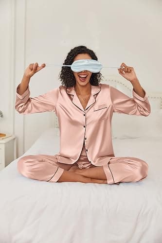 Ekouaer Women's Classic Button Down Long Satin Silk Pajama Set thumbnail 3