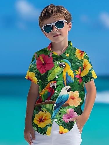 REVENEVER Boys Hawaiian Shirt Button Down Shirt Short Sleeve Cartoon Print Hawaiian Beach Shirt for Kids thumbnail 3