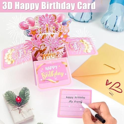 Pink Funny Pop-Up Birthday Card Sweet 3D Gift Box Unique Handmade Foldable Celebration Card for Adults Kids Daughter Son Mom Dad Friends thumbnail 2