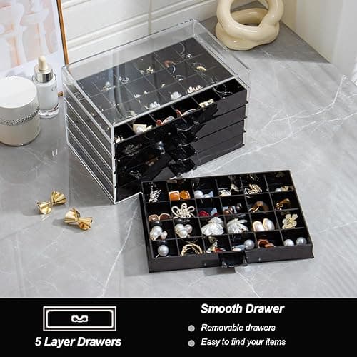 YUFONG Earring Storage Box Organizer, Acrylic Jewelry Storage Box Holder 5 Drawers Transparent Jewelry Display Stand with 120 Small Compartments Gift Boxes for Women Girls (Black) thumbnail 6