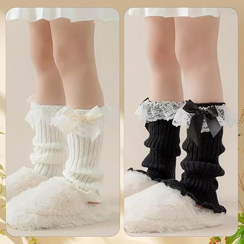 DUOJINSANXI 2 Pairs Leg Warmers for Girls, Cute Black Leg Warmers for Women Winter, Bow Boots Cuffs thumbnail 5
