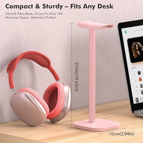 MANMUVIMO Headphone Stand, Desktop Headset Holder Desk Earphone Stand Aluminum Headset Hanger Headphone Rack Stand to Hold Earphones Such as Airpods Max, Sony, Beats, Bose, Razer, HyperX(Pink) thumbnail 2